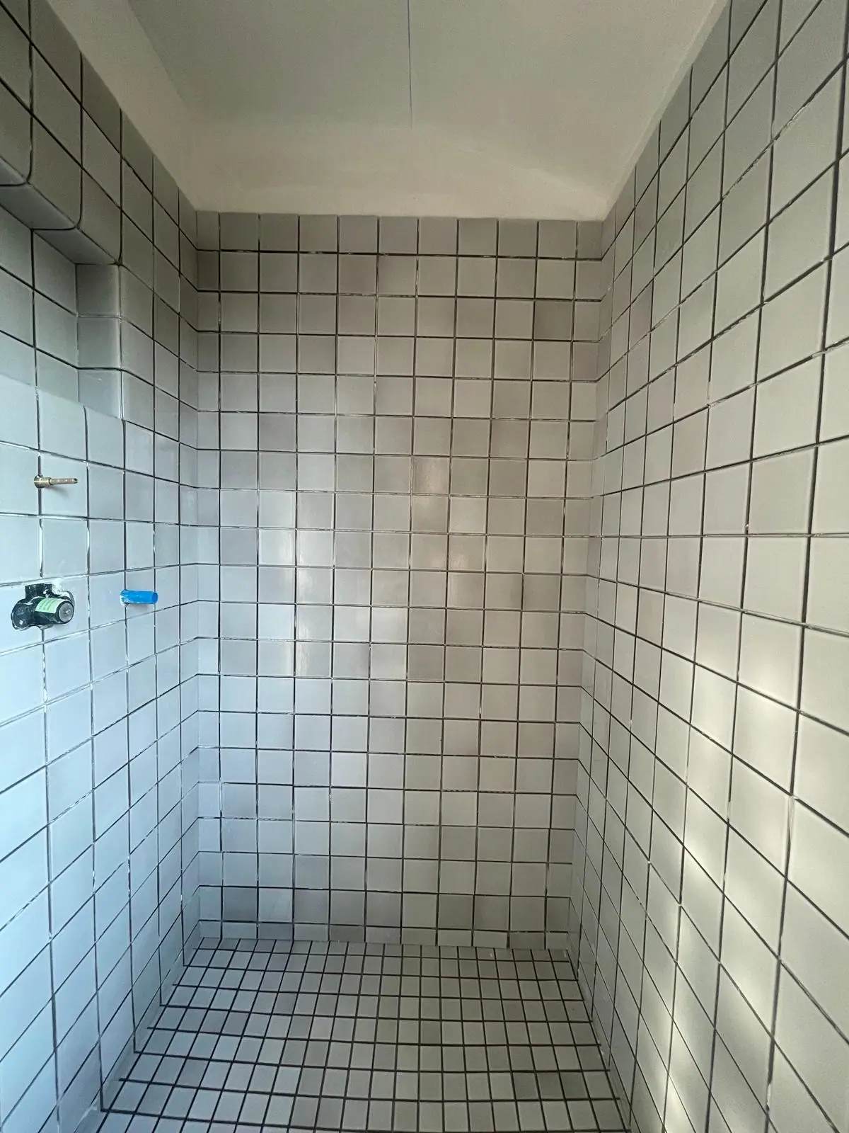 Shower in white square tile with dark grout lines on the walls and floor
