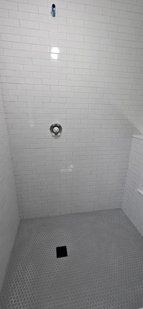 White subway tile walk-in shower with a small dot mosaic floor